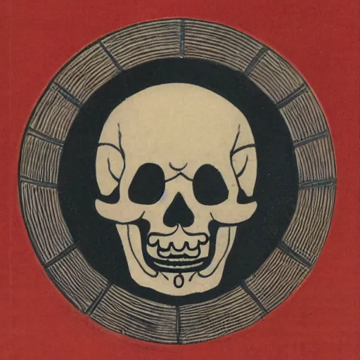 Prompt: a circular stamp of the right side of an anatomically correct skull, ukiyo - e, bas relief, fine detail