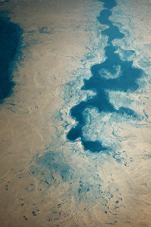 Image similar to top view of muddy river delta joining sea by hiroshi yoshida, marc simonetti, roger deakins, turner, rothko, hyperrealistic, cinematic, rock plateau, dramatic north american landscape, matte painting, fluid simulation, trending on artstation, 8 k high detail concept art, rendered in octane