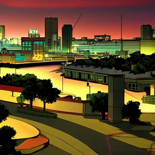 Prompt: modern anime still of an overview of a small coastal Florida town at night, downtown in the distance, key anime visuals