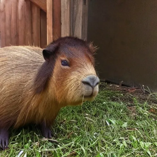 Image similar to photo taken on a bad camera of a capybara dressed as a kid looking bad and with envy at the camera