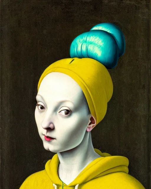 Image similar to portrait of a pale curvy woman with green blue hair buns, wearing a yellow hoodie, standing in the bedroom, intricate details, high detail, black background, in a high renaissance style, in the style of jacopo da pontormo, by mark ryden, punk, asian art,