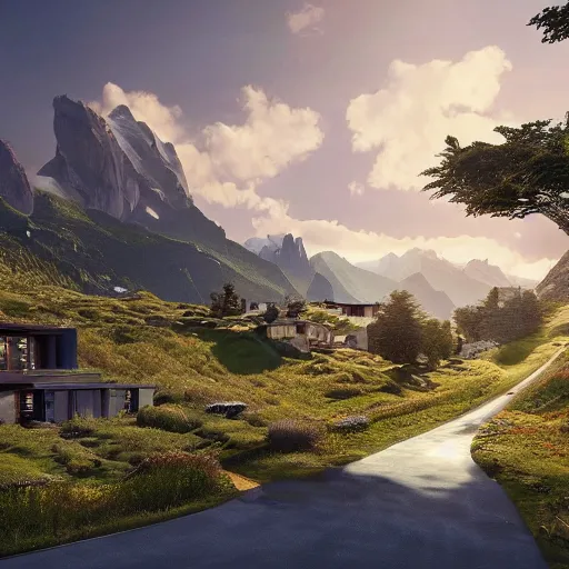 Image similar to alpine landscape with windy road and modern houses designed by frank lloyd wright scattered on the mountainsides, photo realism, dramatic lighting, high quality digital art, unreal engine, cinematic