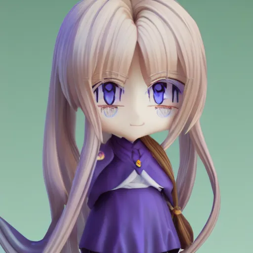 Image similar to 3d render of a blue eyed blonde long hair violet evergarden as a cute chibi figurine, blue-white dress, blender, artstation
