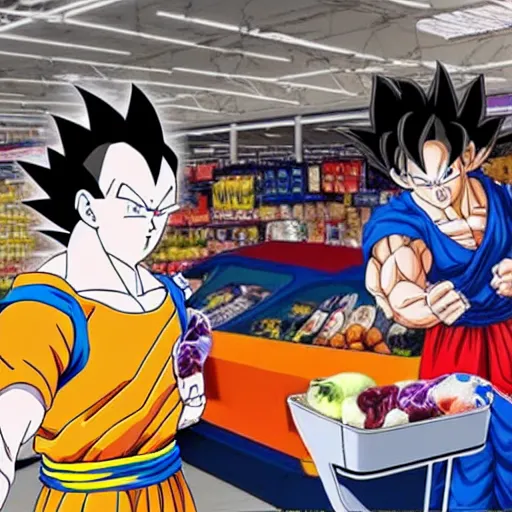 Prompt: Goku and Vegeta shopping at Walmart