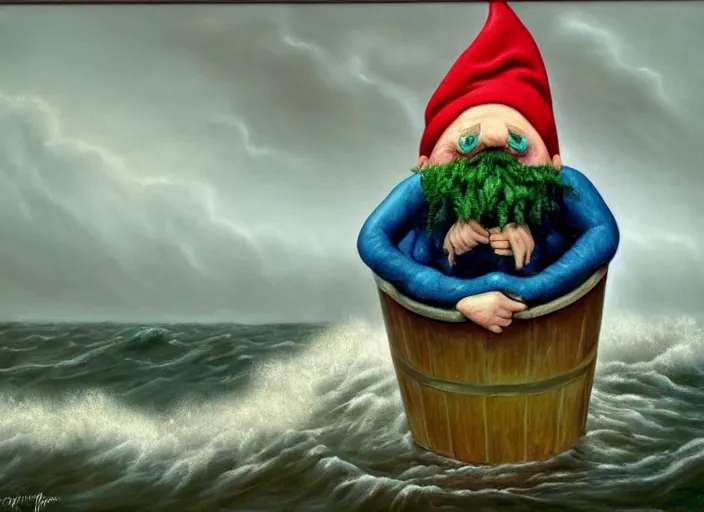 Image similar to a terrified garden gnome sailing in a bucket, background of raging ocean on a stormy with dramatic clouds, an ultrafine detailed painting by mark ryden, trending on deviantart, pop surrealism, whimsical, lowbrow, danger, perfect symmetrical face