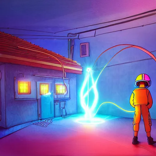 Prompt: a magic gaming machine connected to a boy with a helmet and electric cable with colorfull rays of light illuminate the environment by vanessa morales, studio ghibli,