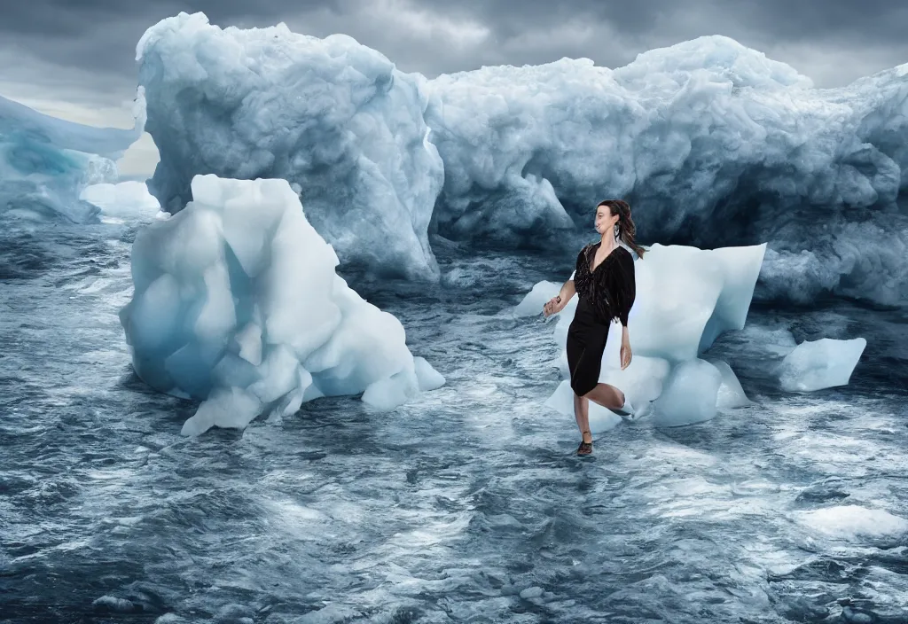 Image similar to fashion editorial on melting iceberg falling in the sea. huge waves. highly detailed. depth of field. high definition. 8k. photography.