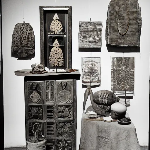 Image similar to an offset photography of an object on display, three colors, ( anthropology of wonder ), ( ( exotic artifacts ) ), bauhause, ( tropicalism ), ( colonial expedition ), exhibition, 6 0 s style