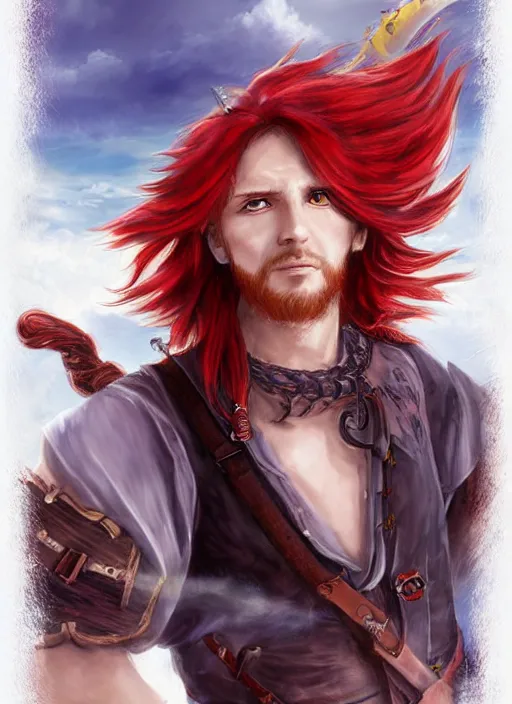 Prompt: An epic fantasy pokemon anime style portrait painting of a long haired, red headed male sky-pirate in front of an airship