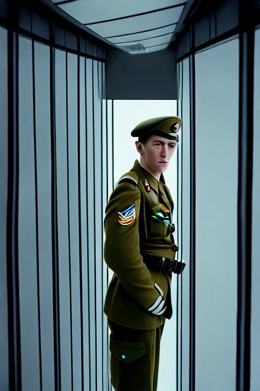 Image similar to kodak portra 5 0 mm f 4 full body portrait photography of a wwii airborne infantry soldier who's a mix of gillian anderson and adam driver, looking exhausted, setting is inside a sci fi megastructure tower looking out a window, photo by erwin olaf