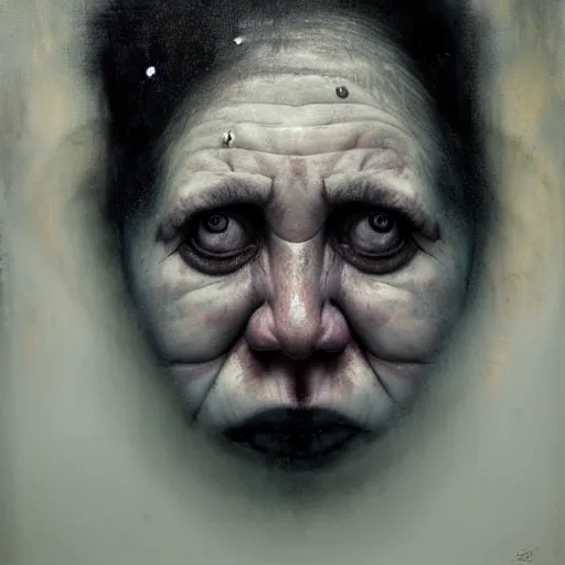 Image similar to portrait of the face of big fat old sumoringer as despair from sandman, venus of willendorf, by jeremy mann, by gregory crewdson, by bastien lecouffe deharme, by russ mills, sad face, topknot, black hair, mourning, black eyes, white room, soft lightning, high detailed, 8 k