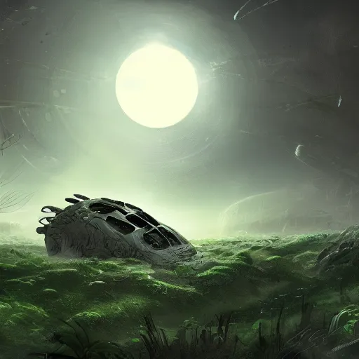 Image similar to concept art of a crashed alien spaceship on a strange alien planet with tall vegetation, artstation, 4k