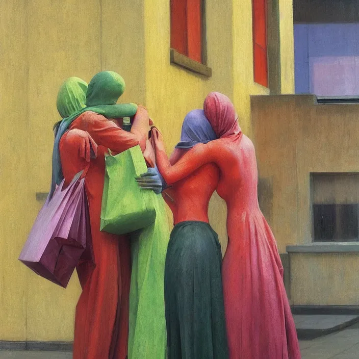 Image similar to colorful women hugging with a paper bag over the head, dressed in plastic bags, inside shopping center, highly detailed, artstation, art by , edward hopper, zdislav beksinski, wayne barlowe