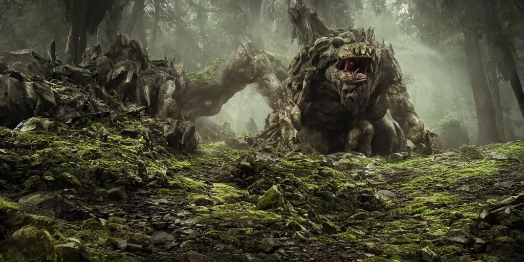 Image similar to a giant armored cave troll in a scary forest in the style of lord of the rings, 8 k, moody lighting, shallow depth of field, raytracing,