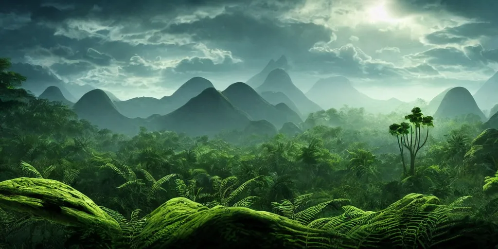 Image similar to a distant prehistoric fern jungle, a silhouette of a distant sauropod head in the background, mountains, clouds, volumetric lighting, hazy, washed out, an award winning digital render, beautiful, ultradetailed, hyperrealistic, great composition