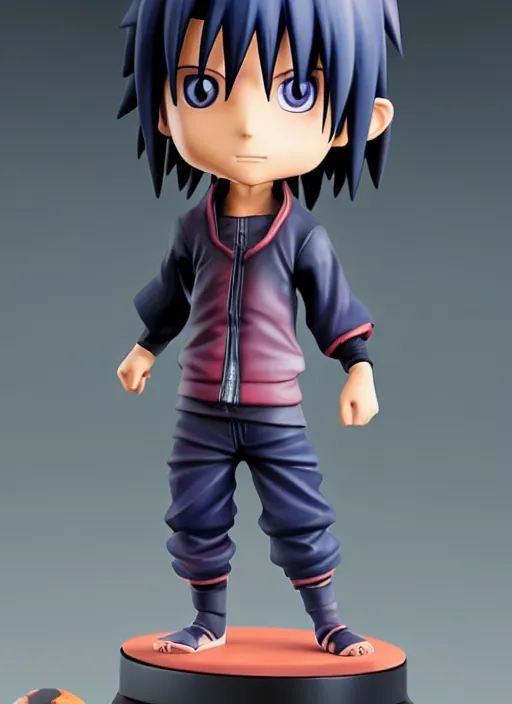 Image similar to chibi uchiha sasuke anime figurine, soccer, art by gerald brom, greg rutkowski and artgerm and james jean and zdzisław beksinski, unreal engine, studio lighting