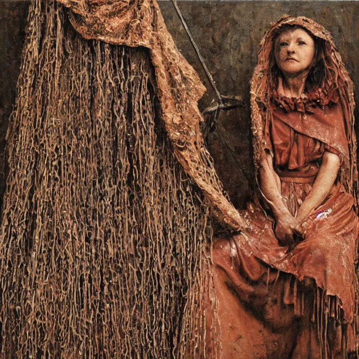Prompt: a closeup portrait of a woman wearing a cloak made of rusted nails and ribbons, staring at an empty swing, by vincent desiderio, canon eos c 3 0 0, ƒ 1. 8, 3 5 mm, 8 k, medium - format print