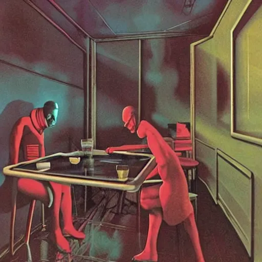 Prompt: alien drinks vodka, soviet apartment, top secret style, wayne barlowe, 1 9 7 0 s, color