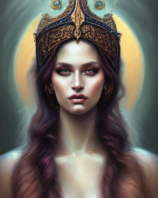 Prompt: portrait of beautiful goddess, enigmatic beauty, esoteric, muted colors, head in focus, fantasy art, ornamental aesthetics, intricate, elegant, highly detailed hyperrealistic painting, artstation, concept art, painterly, sharp focus, illustration, art by lois royoi