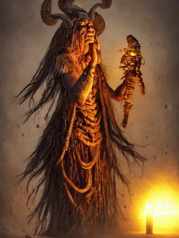 Image similar to fine painting of a death shaman from an ancient culture with mushrooms growing from his body, candlelight, 8 k, ultra realistic, lens flare, atmosphere, glow, detailed, intricate, full of colour, cinematic lighting, trending on artstation, 4 k, hyperrealistic, focused, extreme details, unreal engine 5, cinematic, masterpiece