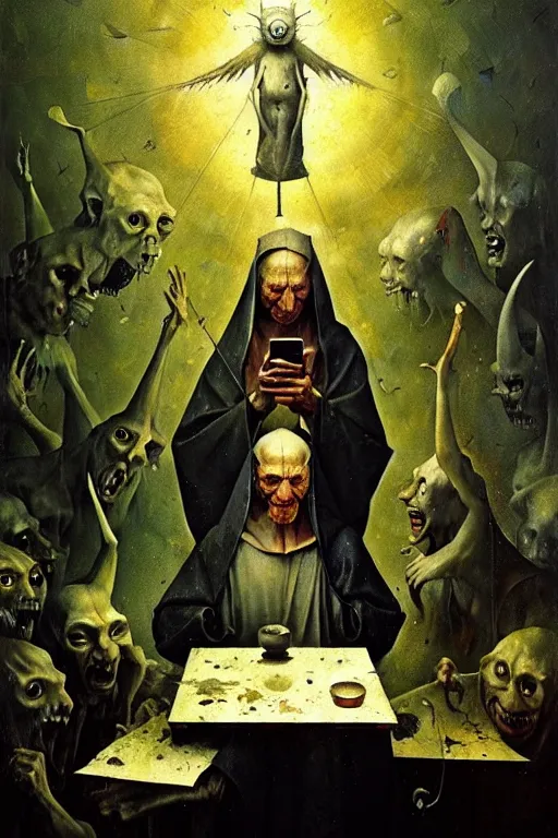 Image similar to hieronymus bosch, greg rutkowski, anna podedworna, painting of god using a cellphone