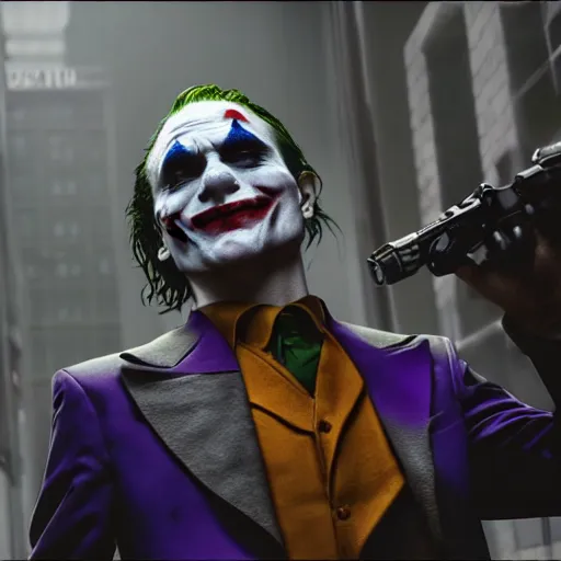 Prompt: cinematic shot of the joker wearing a half - life 2 hev suit, 8 k, very detailed, very intricate,