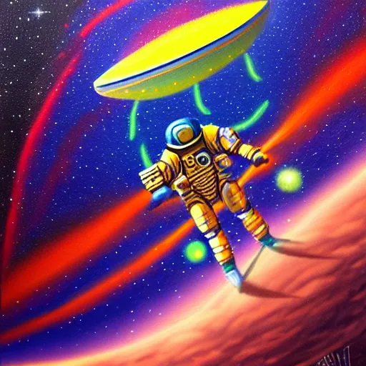 Image similar to cool bismuth mech spaceman surfing the milkyway, isometric scifi astral spirit space journey in oil painting, pulled into the spiral vortex, trending on artstation, award winning, emotional, highly detailed ethereal isometric surrealist art