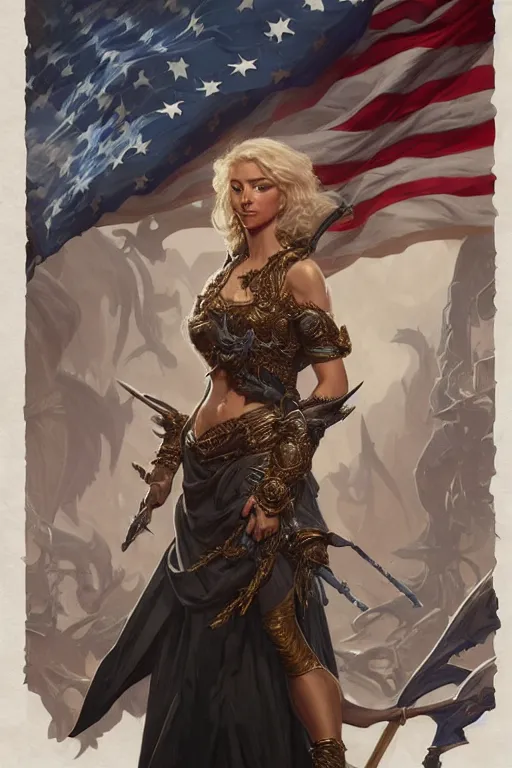 Image similar to personification of the united state of america, full body shot, d & d, fantasy, intricate, elegant, highly detailed, digital painting, artstation, concept art, matte, sharp focus, illustration, hearthstone, art by artgerm and greg rutkowski and alphonse mucha