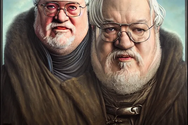 Image similar to poster portrait of george r r martin as a maester in “ game of thrones ” ( 1 9 8 4 ). artwork, 4 k digital art, neon, 8 0's style tomasz alen kopera, peter mohrbacher, donato giancola, boris vallejo, drew struzan hyperrealistic oil painting, gothic horror, frank frazetta