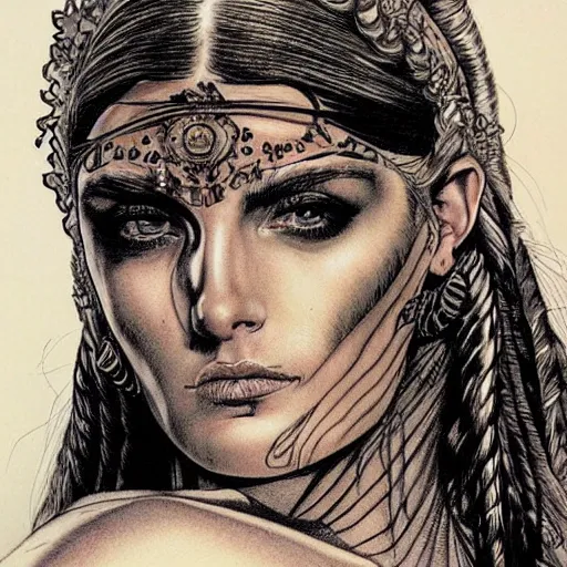 Image similar to a beautiful portrait of a heavily tattooed Roman woman Travis Charest style