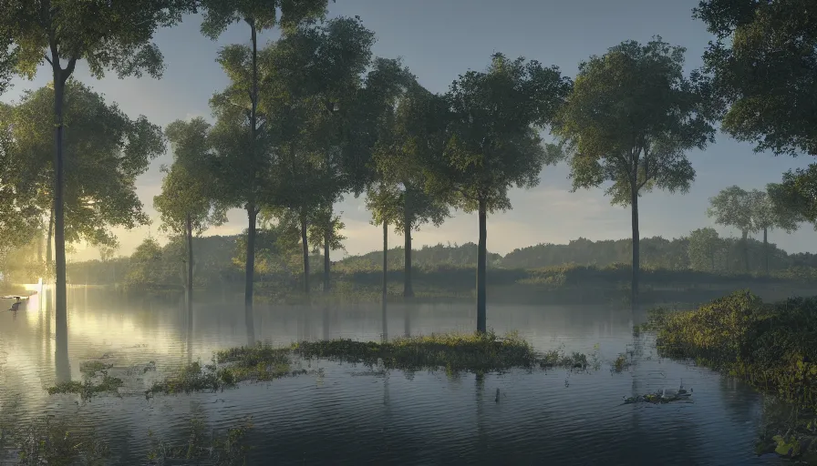 Prompt: ecological huge built on a lake with paths and roads around it, sunrise light, florida, volumetric light, hyperdetailed, artstation, cgsociety, 8 k