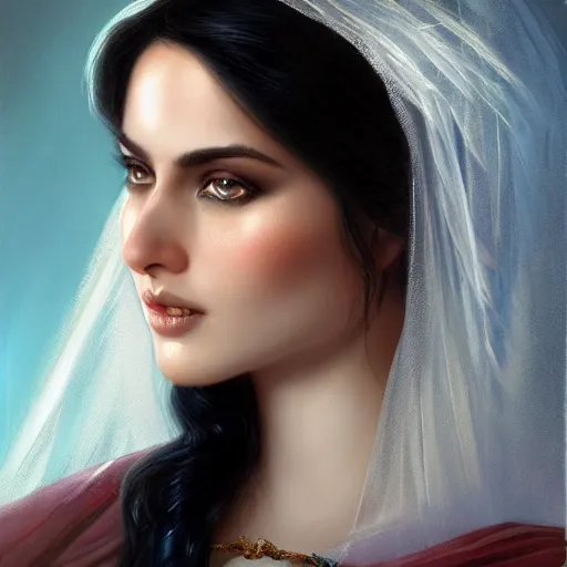 Image similar to ameera al taweel, bright blue eyes, long wavy black hair, white veil, front closeup, cinnamon #b57e59 skin color, highly detailed, centered, oil painting, artstation, concept art by tom bagshaw