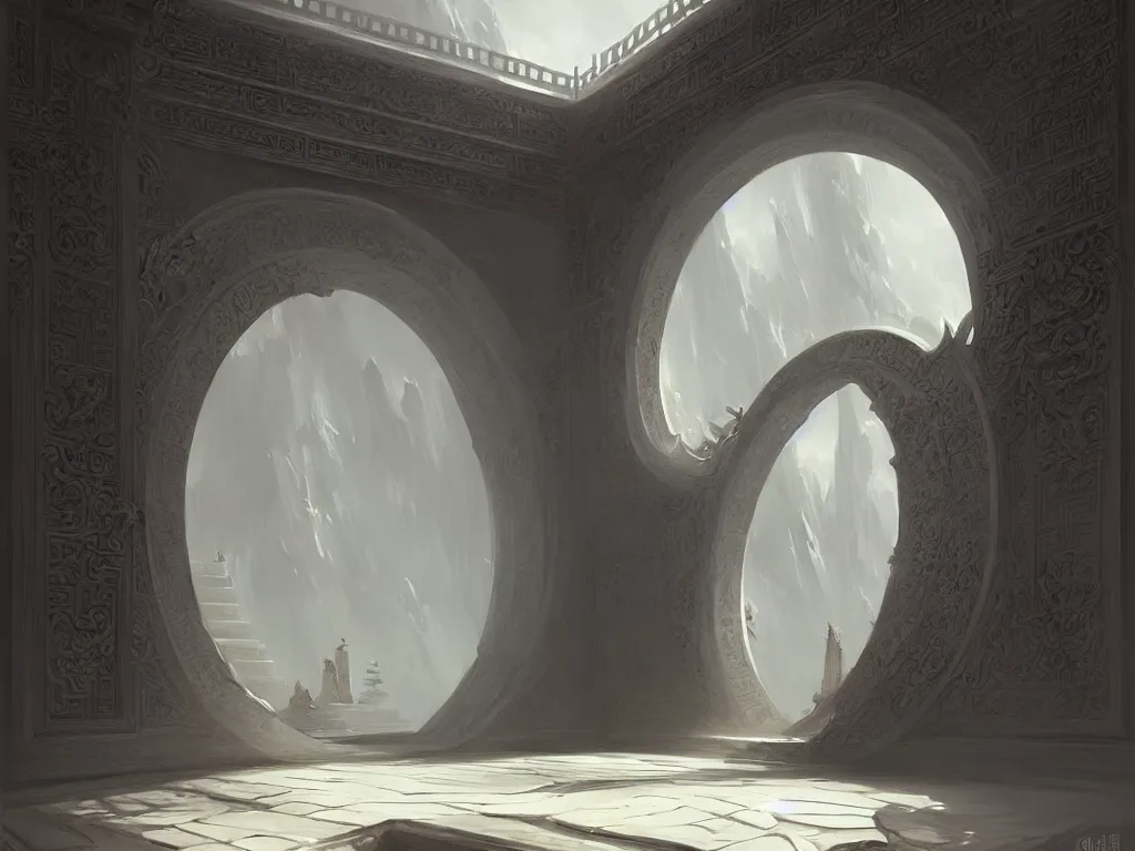 Image similar to circular gate in a white wall, leading to heaven. chinese architecture. fantasy. detailed. smooth. sharp focus. trending on artstation. artist greg rutkowski.