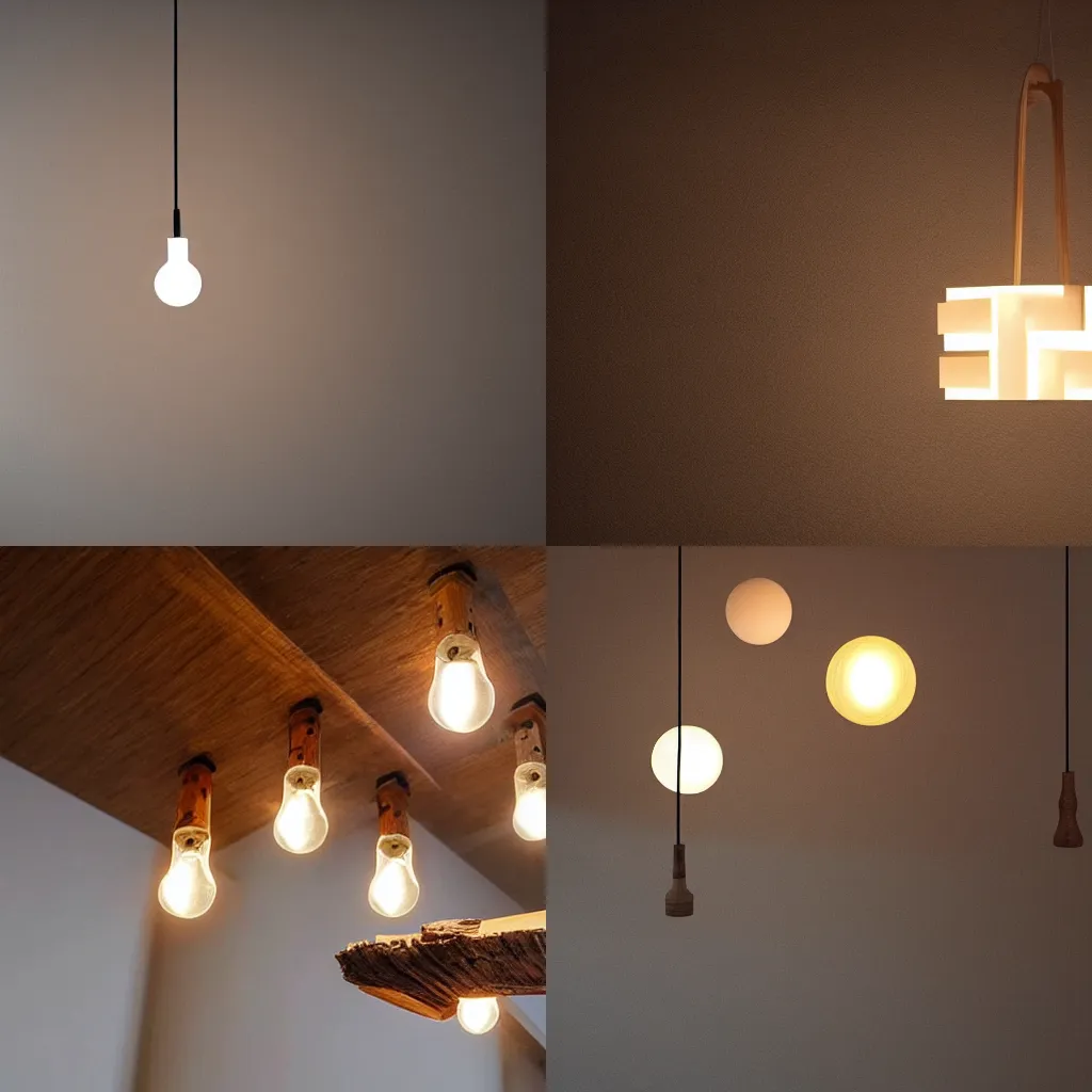 Prompt: a lamp hanging from the ceiling, made from pieces of wood and 3 ledlights, design, hyperrealistic, 8 k