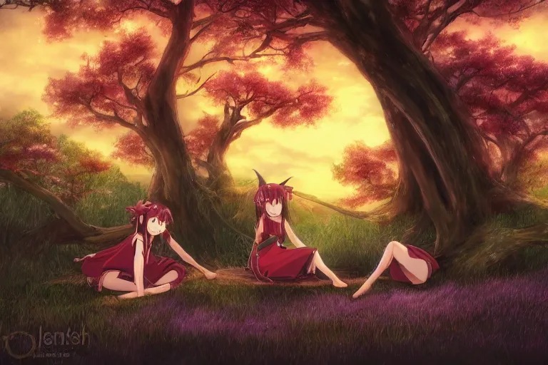 Prompt: two young witches watch the sunset sitting on a branch tree in a luscious grass field, anime style, japanese art, manga, highly detailed, magical, japan, digital painting, concept art, matte,