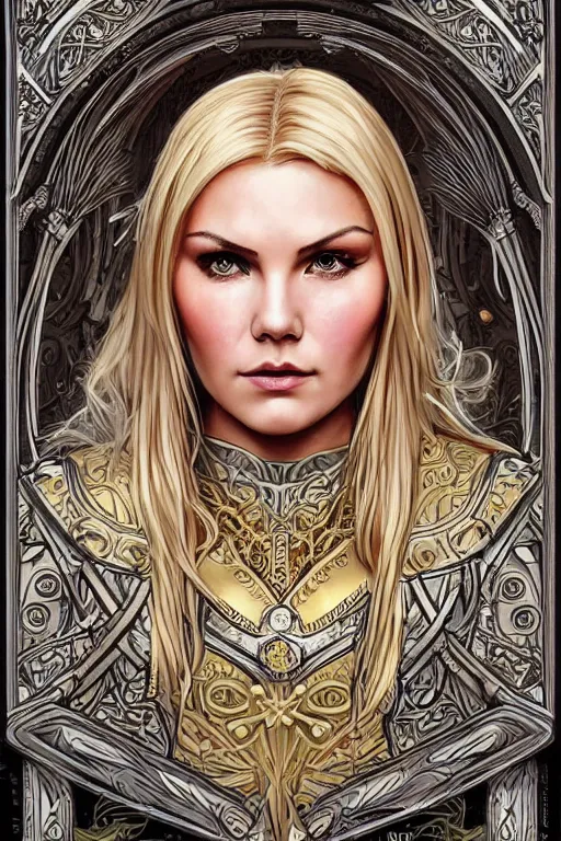 Image similar to head-on symmetrical centered painted portrait, Elisha Cuthbert as a paladin, blonde hair, ornate heavy plate armour, art nouveau, tarot card style, medieval robes, fantasy, intricate, elegant, highly detailed, smooth, sharp focus, illustration, artstation, in the style of Artgerm and Anna Podedworna and Alex Ross and Mucha