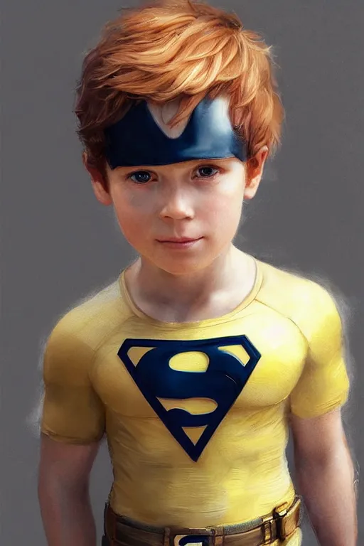 Prompt: a little boy with a michievous face and ginger hair. he is dressed as a superhero. clean elegant painting, beautiful detailed face. by artgerm and greg rutkowski