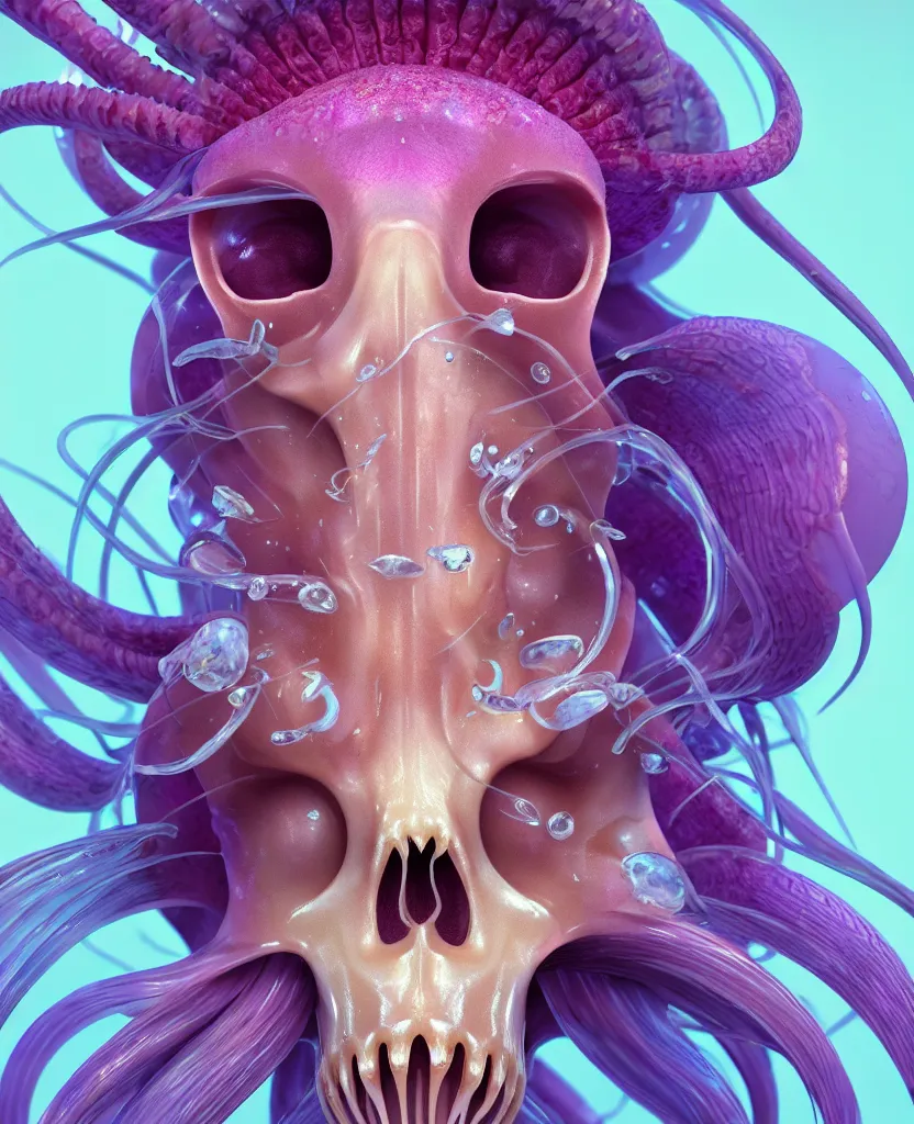 Image similar to goddess princess face close-up portrait ram skull. jellyfish phoenix head, nautilus, orchid, skull, betta fish, bioluminiscent creatures, intricate artwork by Tooth Wu and wlop and beeple. octane render, trending on artstation, greg rutkowski very coherent symmetrical artwork. cinematic, hyper realism, high detail, octane render, 8k