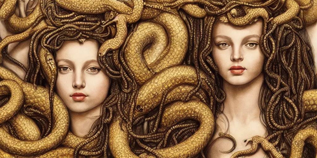 Image similar to realistic portrait of beautiful medusa with her snakes, golden, delicate, hyper realism, 1 4 5 0, ink, ultra realistic, 8 k