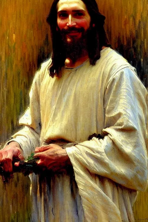 Image similar to impressionist brushstrokes!!!!!!!!! solomon joseph solomon and richard schmid and jeremy lipking victorian loose genre loose painting full length portrait painting of jesus with a slight smile happy inviting