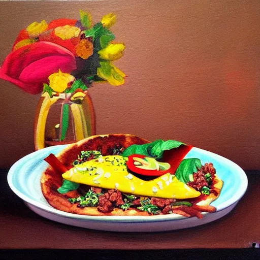 Image similar to a still life painting of a gourmet taco, slice of pizza and vase of flowers, trending on artstation, fine digital art