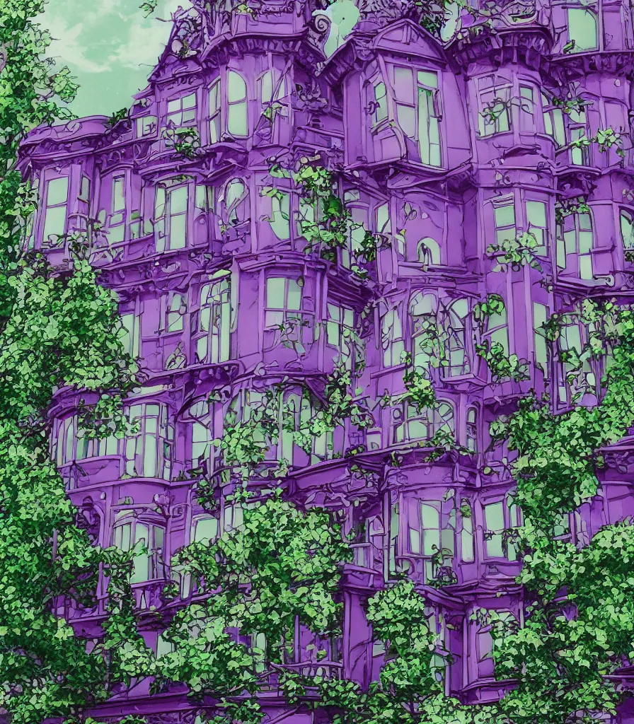 Prompt: a purple and green studio ghibli victorian house, ornate details, realistic windows, 3 5 mm photography