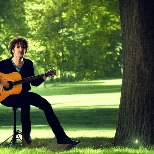 Prompt: Tim Buckley singing in a park, Cinematography by Roger Deakins