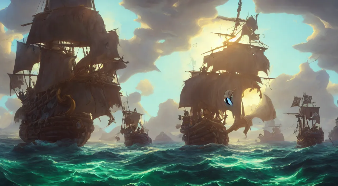 Prompt: pirates on a ghost ship with the Jolly Roger flag in the ocean, volumetric lighting, fantasy art overwatch and heartstone video game icon, a detailed matte painting, by RHADS, cgsociety, matte painting, artstation hq, octane render, 8k, by makoto shinkai and Beeple Jorge Jacinto ,Tyler Edlin, philipsue on artstation