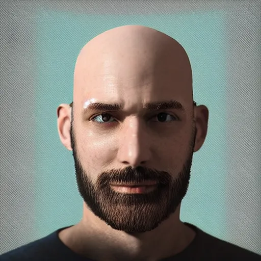 Image similar to photo portrait of bald bearded guy, glitchy, octanerender, 8 k, hyperrealistic