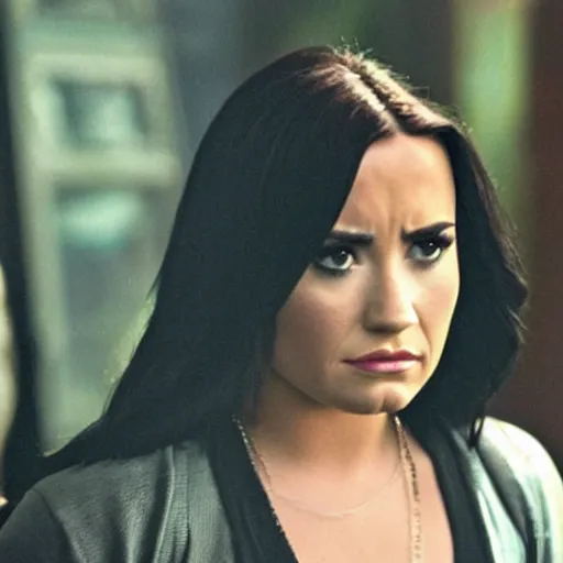 Image similar to close-up of Demi Lovato as Piper Halliwell in a Charmed movie directed by Christopher Nolan, movie still frame, promotional image, imax 35 mm footage