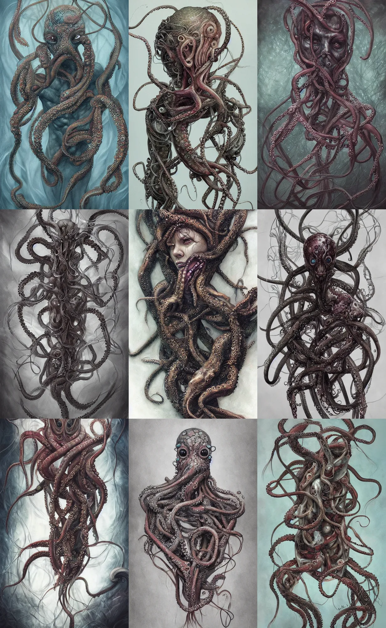 Prompt: Painting, Creative Design, Human octopus hybrid, Biopunk, Body horror, by Marco Mazzoni