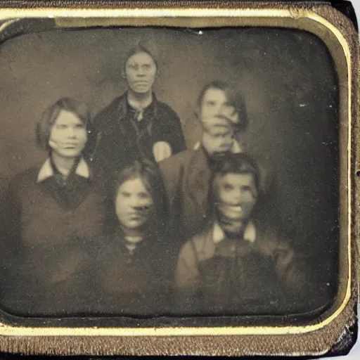 Prompt: tintype photo of hunters with a alien