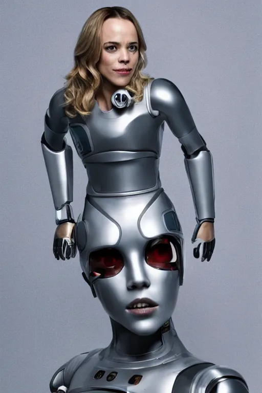 Prompt: rachel mcadams as a futuristic female android made out of liquid metal, cosplay, studio lighitng