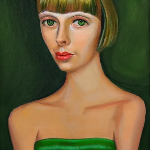 Prompt: portrait of a beautiful woman in green in the style of Margaret Keane, realistic, highly detailed, HD, 4k